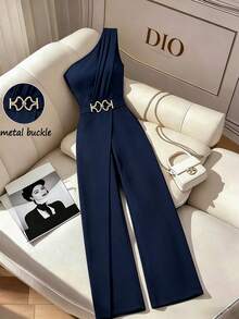 Elenzga Jumpsuit Wanita Warna Polos untuk Pakaian Kasual Sehari-hari - Navy Blue - View 10