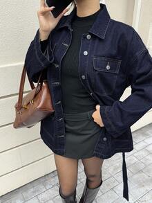 SHEIN 青少年女孩深藍色牛仔夾克附腰帶，寬鬆長袖 - 藍色 - 查看 5