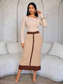 SOLERSUN Women's Elegant Casual Color-Block Trim Skirt With Button Detail - Khaki - View 8
