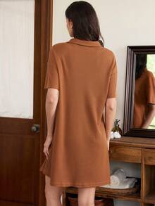 Doze Lane Textured Fabric Lapel Half-Button Front Pocket Short Sleeve Women's Nightgown - Burnt Orange - View 2