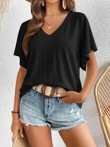 SHEIN LUNE Women's Pure Black 95% Cotton Butterfly Sleeve V-Neck Versatile T-Shirt - Black - View 3