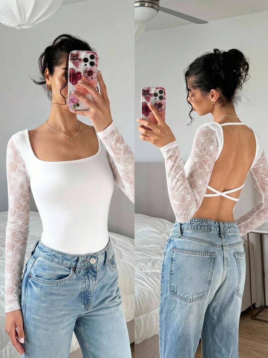 SHEIN EZwear Weißer Blumen-Spitzen-Patchwork-Strick-Rückenfrei-Bodysuit für Damen, sexy und elegant, für Nachtausgang, Brunch, Ausgehen und Date Night im Sommer