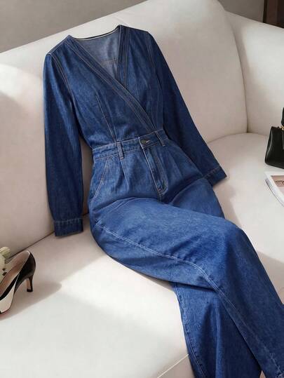 GlowEve Jumpsuit Denim Lengan Panjang Berlipit Silang Kancing untuk Wanita, Warna Biru Muda, Gaya Retro Vintage Musim Gugur 70-an, Kasual Musim Dingin, Sehari-hari, Biru Tua