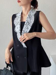 FRIFUL 女款優雅商務休閒通勤晚餐辦公對比色蕾絲拼接雙排扣背心，黑色花卉夏季款 - 黑色 - 查看 6
