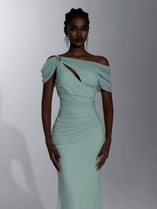 Elitara Elegant Sage Green Mesh One Shoulder Asymmetric Ruched Pleated Bodycon A Line Floor Length Bridesmaid Evening Gown Formal Wedding Guest Prom Party - Green - View 6