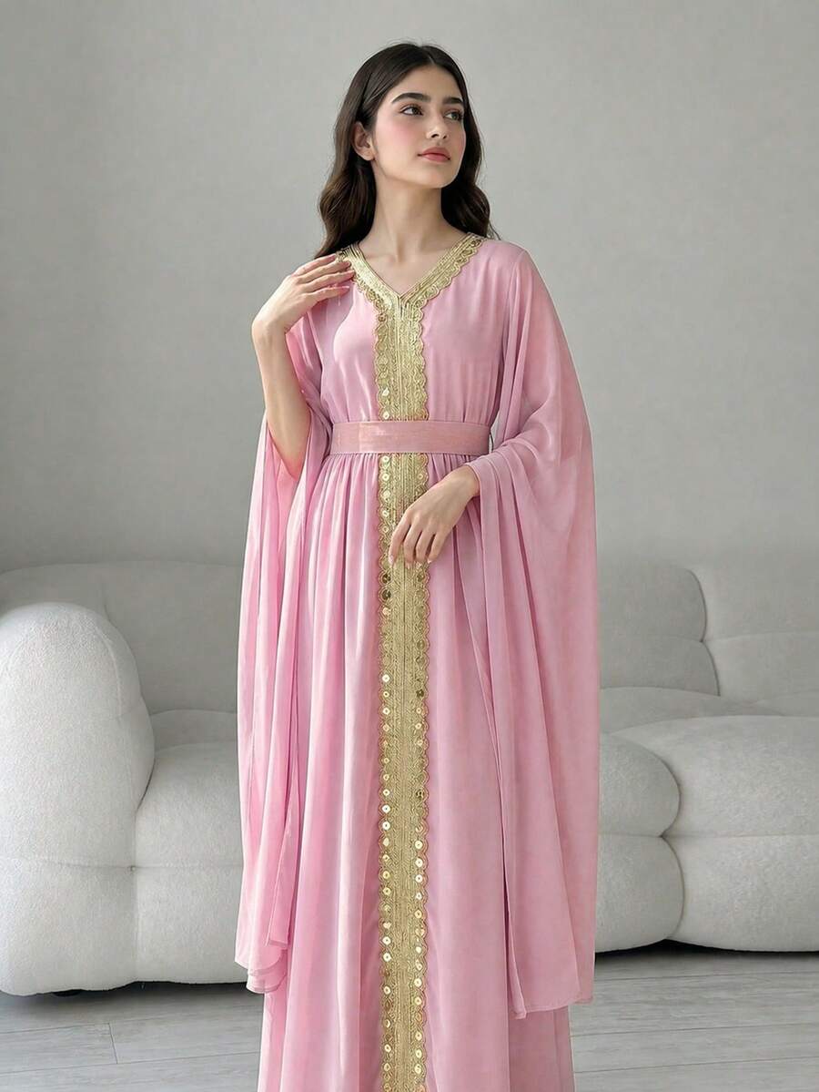 SHEIN 女童白色长袖开衩连衣裙，饰有金色滚边缎带，优雅高贵，适合度假、派对、春夏穿着。