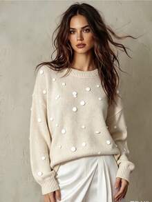 Franclia Women's Casual Sequin Embellished Drop Shoulder Sweater, Autumn/Winter - Apricot - View 1
