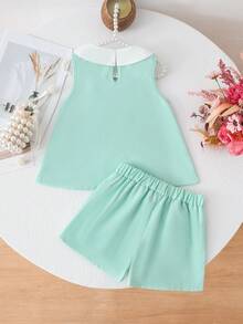SHEIN Elladie kids 女童紫色褶皱可爱蝴蝶结装饰背心搭配时尚阔腿裤套装，适合日常休闲穿着和通勤，简约风格 - 薄荷綠 - 查看 2