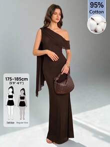 SHEIN Tall 女款休閒通勤風時尚棕色露肩長洋裝 - 棕色 - 查看 3