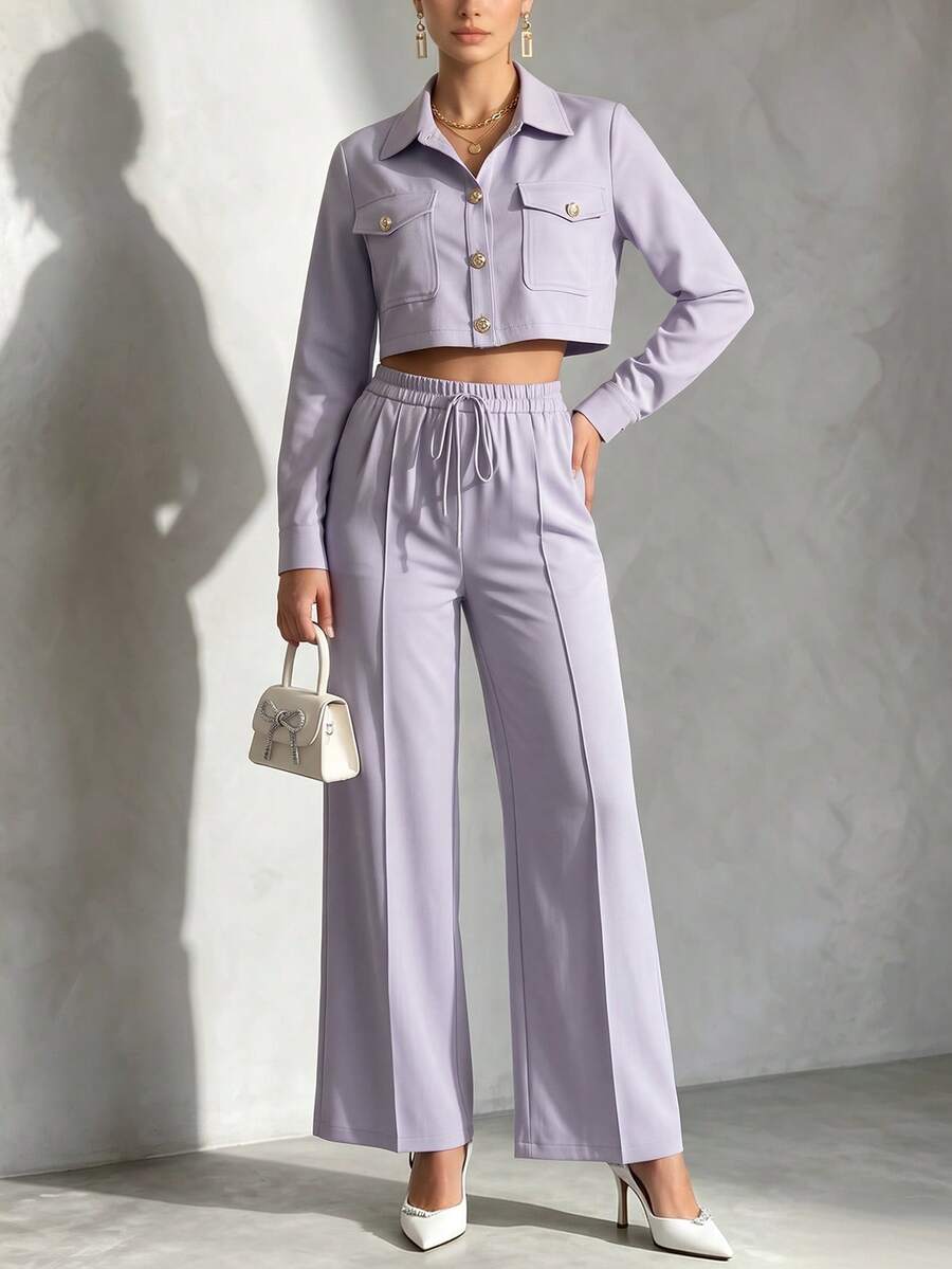 Franclia 2pcs Women's Crop Top With Buttons & Elastic Waist Pants Set - Dusty Purple - View 1