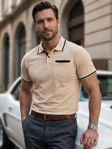 Calvornis Men's Contrast Trim Button Polo Shirt, Casual Summer Short Sleeve Casual Tops Golf Shirt, Formal, Ceremony - Khaki - View 3