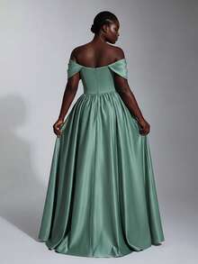Elitara Plus Size Elegant Classy Formal Romantic Sage Green Off-Shoulder Ruched Pleated Puff Sleeve A-Line Evening Dress For Party Wedding Guest Dinner Date - Green - View 4