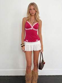 Sundraya Women's Retro Sexy Y2K Bowknot Ruffle Trim Fitted Camisole Top Golf Pastal Summer - Multicolor - View 4