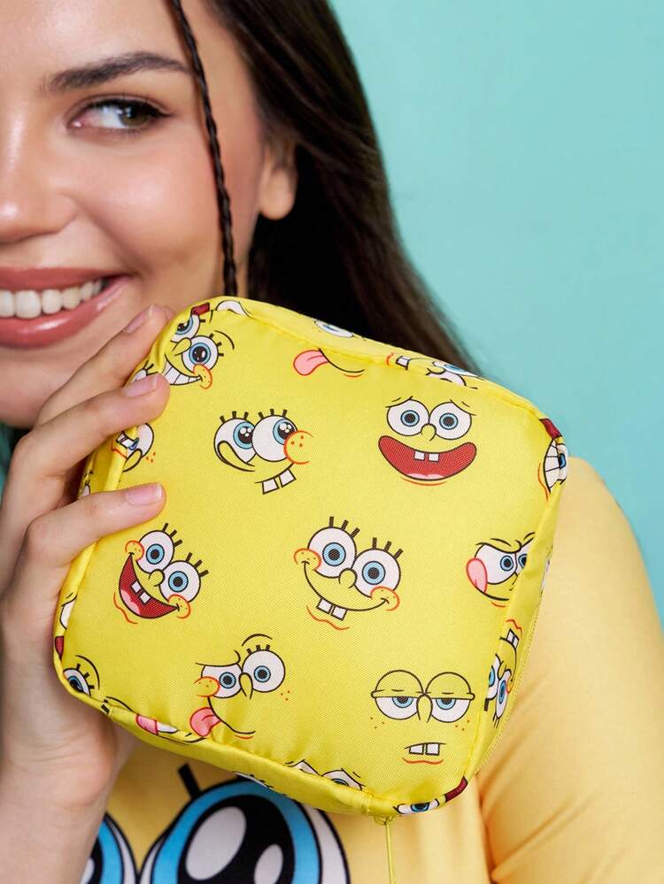 SpongeBob SquarePants | SHEIN Cartoon Sponge Characters Nylon Storage Pouch Set, 2 Pack Cute Multi-Use Organizer Bags For Sanitary Pads, Cosmetics & Small Accessories, Portable For Girls & Students - Multicolor - View 8
