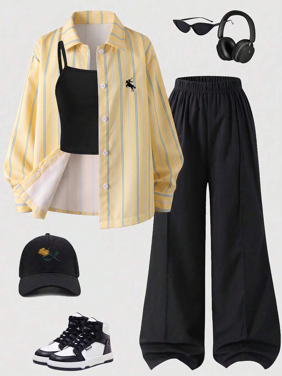 SHEIN Elladie kids 3件套黃色條紋長袖數位印花襯衫、黑色長褲、細肩帶背心,適合春夏出遊,熱門馬刺繡休閒亮眼女孩夏季襯衫外套套裝 - 黃色 - 查看 1