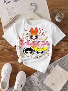 THE POWERPUFF GIRLS X SHEIN 青少年女孩字母卡通印花休閒百搭日常短袖T恤 - 白色 - 查看 8