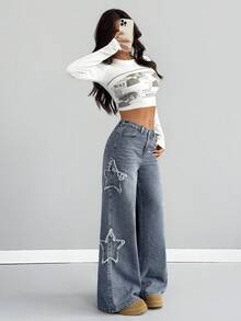 SHEIN Girlism 青少年女孩磨邊星形藍色牛仔寬鬆寬腿褲 世界盃 日 海灘 - 藍色 - 查看 6