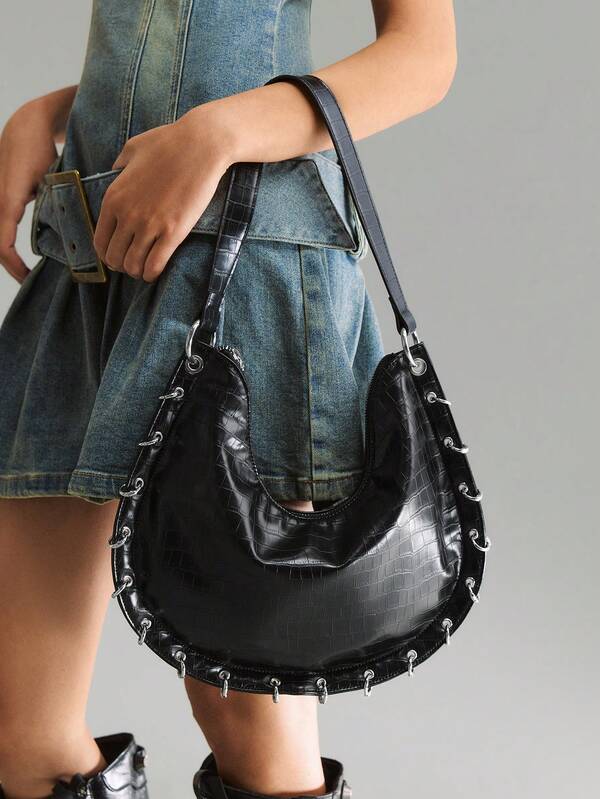 Viva Strut Bolso de mujer estilo Y2K Punk Hottie, chica dulce y cool, decoración de anillo de metal, bolso de hombro en forma de media luna, estilo callejero de moda, adecuado para ir de compras.