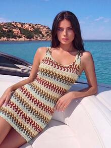 SHEIN Swim 夏季女款度假熱帶性感淺藍色紋理布料背心短洋裝罩衫，適用海灘、復活節、感恩節、母親節 - 卡其色 - 查看 7