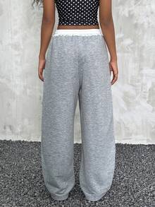 Pantalones rectos básicos esenciales de cintura elástica en gris francés, estilo casual deportivo de calle para niñas preadolescentes en verano - Gris - Ver 6
