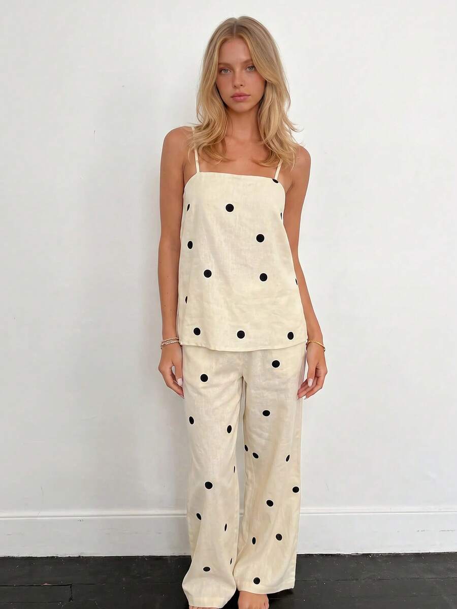 Sundraya 2pcs/Set Women's Simple Polka Dot Pattern Set, Spring/Summer - Apricot - View 1
