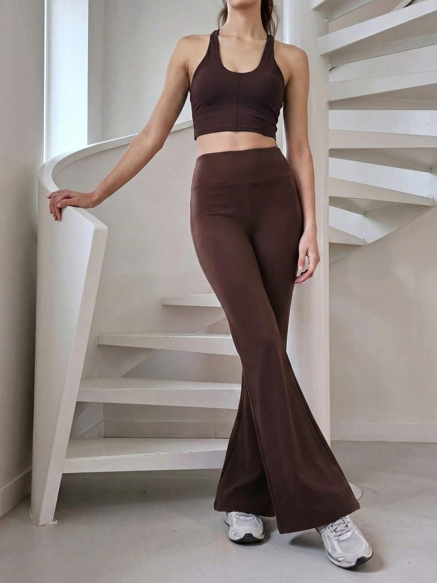 Nöista Part Of A Set, Activewear Pants With High Waist In Flare Shape And Brown Color. Yoga, Pilates, Barre, Fall, Winter, Casual, Sports, Gym. - Brown - View 1