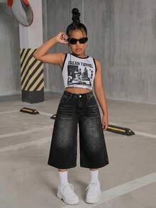 Tween Girl Casual Washed Loose Wide Leg Jeans - Black - View 4