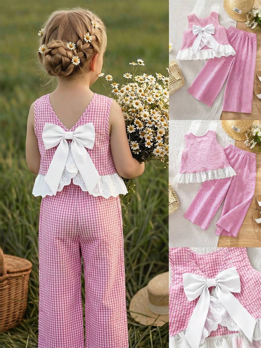 Emery Rose Kids Emery Rose Kids 女童格紋蝴蝶結裝飾荷葉邊背心上衣與長褲套裝 - 淺粉色 - 查看 1