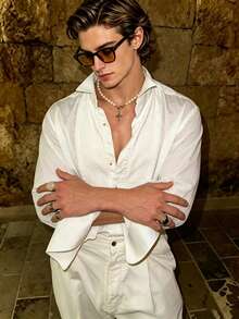 Manfinity Dauomo Men's Solid Color Casual Versatile Daily Wear Shirt - White - View 5