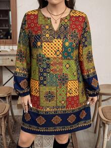 SHEIN LUNE 大尺碼女款全印花休閒 90 年代傳統 70 年代日常秋季連身裙 度假派對 深綠色 - 彩色 - 查看 5