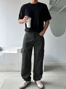 DAZY 秋季男士素色工裝口袋直筒寬鬆休閒長褲 - 黑色 - 查看 3
