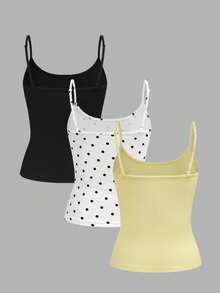 SHEIN EZwear 女款 3 件組 素色復古波點短版性感修身背心上衣 夏季款 - 彩色 - 查看 2