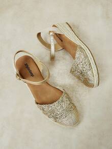 Styleloop Zapatos de cuña y plataforma para mujer, sandalias tejidas con flor hueca y brillo metálico, ropa de vacaciones, artículos esenciales de viaje, estilo bohemio - Dorado - Ver 8