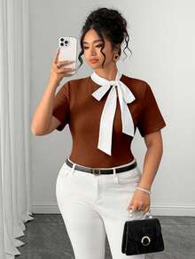 Elenzga Plus Size Women's Summer White & Brown Colorblock Bowknot Ribbon Shoulder Slimming Elegant Exquisite Short Sleeve T-Shirt. Suitable For Daily Casual Commute. Dating - Rust Brown - View 6