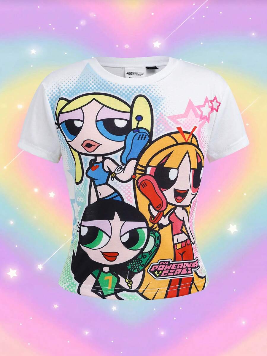 THE POWERPUFF GIRLS X SHEIN Women's Pentagram Print Short Sleeve T-Shirt - White - View 1