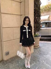 SHEIN MOD Women's Black And White Crop Round Neck Long Sleeve Knit Top, Metal Button Decoration, Teachers' Day Office Dinner Autumn French Elegant - Black and White - View 2