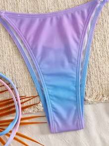 SHEIN Swim 夏季新款跨境 INS 風格性感三角繫帶比基尼美人魚貝殼比基尼套裝女款，螢光藍粉漸層兩件式泳衣附珍珠飾品，海洋度假海灘比基尼套裝，甜美女孩風，溫泉海灘度假比基尼泳衣，生日派對度假海灘比基尼 - 彩色 - 查看 6