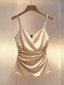 Franclia Women's Elegant Satin Camisole,Apricot Crossover Neck Gathered Waist Shimmering Top For Summer Vacation,Holiday Party Wedding & Event Casual Outerwear - Champagne - View 3