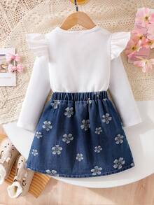 SHEIN Elladie kids 女童可愛休閒荷葉袖羅紋上衣搭配時尚花卉牛仔百褶裙，舒適甜美初秋套裝 - 白色 - 查看 2