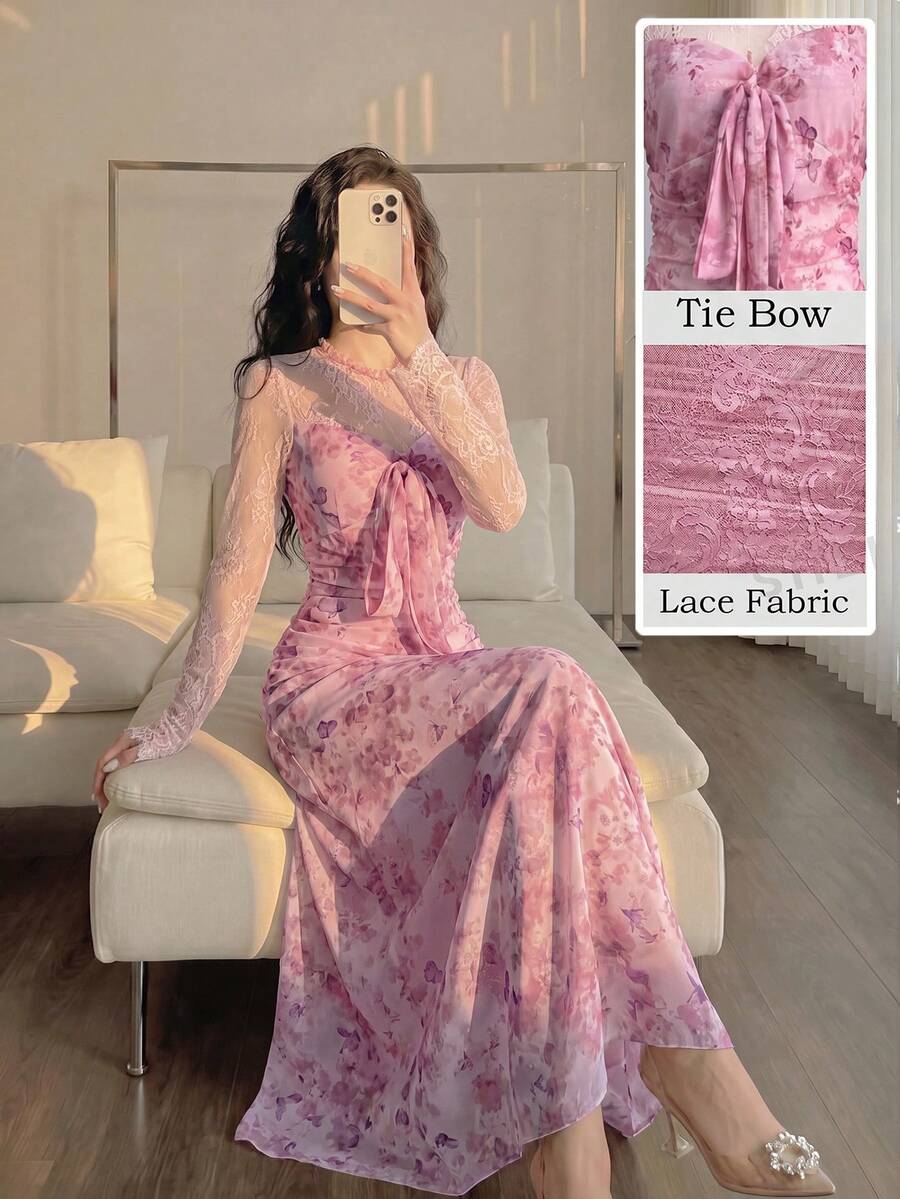 Modelyn French Design Lace Patchwork Bow Women's Long Dress