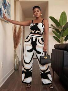 Slaydiva Ensemble 3 pièces pour femmes grande taille, style décontracté élégant d'automne, veste zippée à manches longues en tricot crochet géométrique, débardeur camisole et pantalon ample, motif intégral blanc et noir - Multicolore - Voir 11