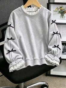 SHEIN Sparklyn 女童韓式刺繡蕾絲領拼接喇叭袖落肩寬鬆套頭運動衫，單件，適中厚度，適合春秋日常休閒、返校、度假穿著 - 灰色 - 查看 1
