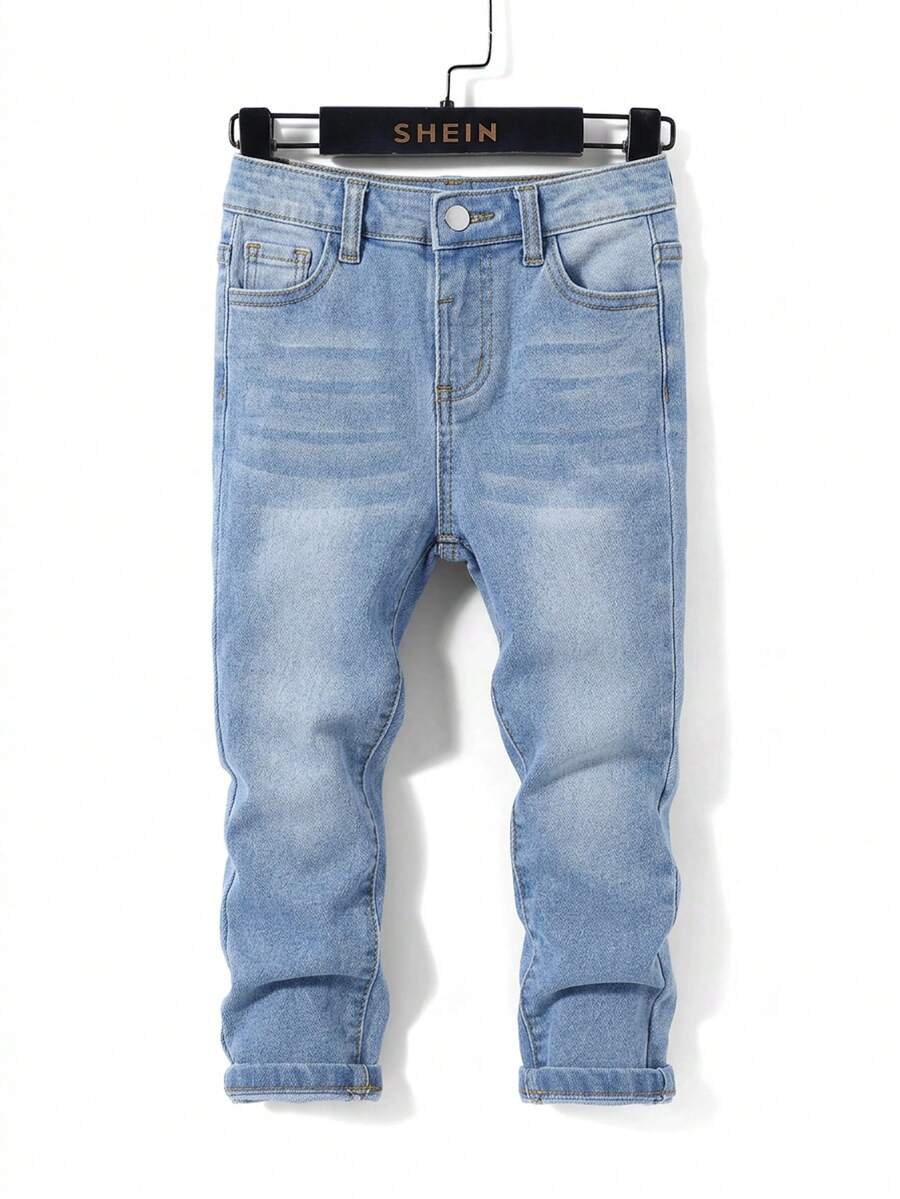 SHEIN Kids Young Boy Fashion Versatile Button Pocket Denim Jeans - Light Wash - View 1