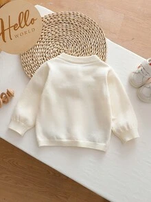 SHEIN Baby Boys Cardigans Infant Toddler Round Neck Knitted Solid Color Sweater Jacquard Cartoon Cute Comfortable Simple Casual Animal Off-White - Beige - View 3