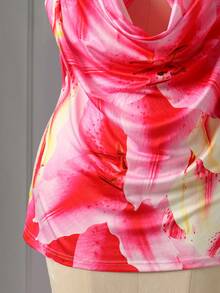 Rometta Plus Size Women's Halter Neck Metal Decor Floral Print Top - Multicolor - View 5