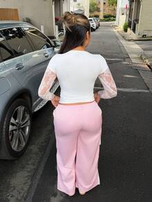 Maria Perezxox 針織蕾絲拼接 2 合 1 女款長袖上衣，透視休閒白色上衣 - 白色 - 查看 2