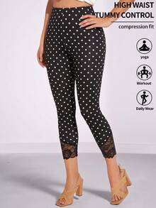 Amorya Women's Polka Dot Print Contrast Lace Fashion 3/4 Length Leggings - Black - View 1