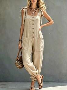 LUMIGAL Women's Casual Solid Color Tie Strap Jumpsuit - Apricot - View 3