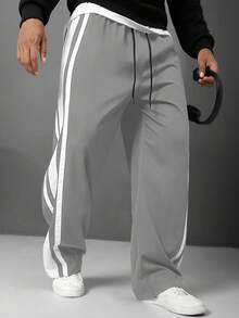 Manfinity Homme Plus Size Men's Casual Straight Leg Pants With Side Stripes And Drawstring Waist - Grey - View 1