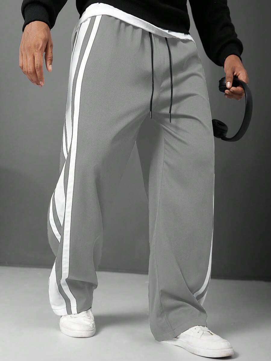 Manfinity Homme Plus Size Men's Casual Straight Leg Pants With Side Stripes And Drawstring Waist - Grey - View 1